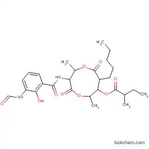 Molecular Structure of 877061-67-1 (Butanoic acid, 2-methyl-,
3-[[3-(formylamino)-2-hydroxybenzoyl]amino]-2,6-dimethyl-4,9-dioxo-8-
pentyl-1,5-dioxonan-7-yl ester)