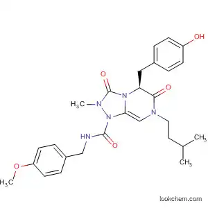 Molecular Structure of 512854-66-9 (1,2,4-Triazolo[4,3-a]pyrazine-1(5H)-carboxamide,
hexahydro-5-[(4-hydroxyphenyl)methyl]-N-[(4-methoxyphenyl)methyl]-2-
methyl-7-(3-methylbutyl)-3,6-dioxo-, (5S)-)