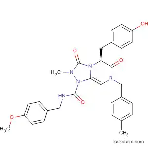 Molecular Structure of 512855-14-0 (1,2,4-Triazolo[4,3-a]pyrazine-1(5H)-carboxamide,
hexahydro-5-[(4-hydroxyphenyl)methyl]-N-[(4-methoxyphenyl)methyl]-2-
methyl-7-[(4-methylphenyl)methyl]-3,6-dioxo-, (5S)-)