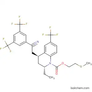 Molecular Structure of 880549-52-0 (1(2H)-Quinolinecarboxylic acid,
4-[(S)-[3,5-bis(trifluoromethyl)phenyl]cyanomethyl]-2-ethyl-3,4-dihydro-6-
(trifluoromethyl)-, 2-(methylthio)ethyl ester, (2R,4S)-)