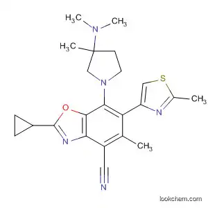 Molecular Structure of 927389-49-9 (4-Benzoxazolecarbonitrile,
2-cyclopropyl-7-[3-(dimethylamino)-3-methyl-1-pyrrolidinyl]-5-methyl-6-(
2-methyl-4-thiazolyl)-)