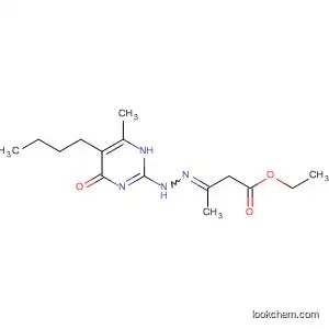 Molecular Structure of 116485-39-3 (Butanoic acid,
3-[(5-butyl-1,4-dihydro-6-methyl-4-oxo-2-pyrimidinyl)hydrazono]-, ethyl
ester)