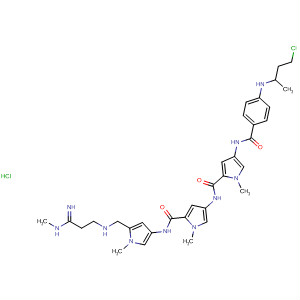 Molecular Structure of 194482-66-1 (1H-Pyrrole-2-carboxamide,
4-[[[4-[[4-[(2-chloroethyl)ethylamino]benzoyl]amino]-1-methyl-1H-pyrrol-2
-yl]carbonyl]amino]-N-[5-[[[3-imino-3-(methylamino)propyl]amino]carbon
yl]-1-methyl-1H-pyrrol-3-yl]-1-methyl-, monohydrochloride)
