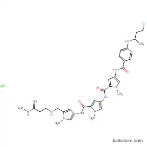 Molecular Structure of 194482-66-1 (1H-Pyrrole-2-carboxamide,
4-[[[4-[[4-[(2-chloroethyl)ethylamino]benzoyl]amino]-1-methyl-1H-pyrrol-2
-yl]carbonyl]amino]-N-[5-[[[3-imino-3-(methylamino)propyl]amino]carbon
yl]-1-methyl-1H-pyrrol-3-yl]-1-methyl-, monohydrochloride)
