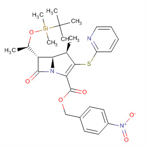 Molecular Structure of 194983-51-2 (1-Azabicyclo[3.2.0]hept-2-ene-2-carboxylic acid,
6-[(1R)-1-[[(1,1-dimethylethyl)dimethylsilyl]oxy]ethyl]-4-methyl-7-oxo-3-(2
-pyridinylthio)-, (4-nitrophenyl)methyl ester, (4R,5S,6S)-)