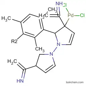 Molecular Structure of 592530-12-6 (Palladium,
dichloro[(2,4,6-trimethyl-1,3-phenylene)bis[methylene(3-methyl-1H-imid
azol-1-yl-2(3H)-ylidene)]]-)