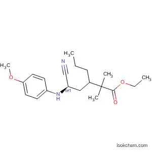Molecular Structure of 601522-26-3 (Hexanoic acid,
3-[(2R)-2-cyano-2-[(4-methoxyphenyl)amino]ethyl]-2,2-dimethyl-, ethyl
ester, (3S)-rel-)