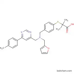 Molecular Structure of 881686-40-4 (Propanoic acid,
2-[[4-[[(2-furanylmethyl)[[6-(4-methylphenyl)-4-pyrimidinyl]methyl]amino]
methyl]phenyl]thio]-2-methyl-)